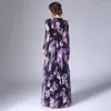 Casual Dresses Luxury Designer Women Floral Print Purple Maxi Long Sleeve Dressruffles Layed Party Dinner 2023