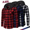 Camisas casuais masculinas camisa xadrez de flanela com capuz jaqueta de manga comprida casacos finos moletons com capuz