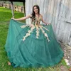 Vestido de vestido de vestido verde Quinceanera Vestido de renda dourada Applique mexicano Doce vestidos de XV 15 Anos 16 xv Miss Annitrime Mexican Dress