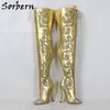 Sorbern Gold Echtlederstiefel Mitte Oberschenkel hoch Damen Stilettos Absatz Glitzer Blumen Damen Absatz individuell Schnürung hinten 231220