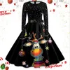 Vestidos casuais mulheres de natal 50s 60s vintage robe grande swing elegante vestido de festa manga longa copos de vinho impressão noite
