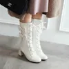Boots Automne Winter Girls Fashion Princesse Lolita Mariage Party Chaussures Cross Tied Arc Blanc Rose Femmes Mid High Talon