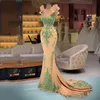 Elegant Champagne Mermaid Evening Dresses Shiny Green Sequined Lace Women Formal Party Gowns Ruffles Shoulder Zipper Back Long Prom Second Reception Dress