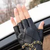 Damen-Halbhandschuhe aus echtem Leder mit Totenkopf-Motiv und Metallkette für Motorradfahrer, fingerloser Touchscreen-Handschuh, Damen-Partyzubehör, 231220