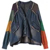 Kurtki damskie 2023 Spring Autumn Arts Style Kobiet Patchwork Batwing Sleeping Single Bered Short Coats Vintage Bawełniany dżins V492