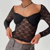 T-shirts pour femmes Xingqing Y2K Tops pour femmes Vêtements sexy Couleur unie Creux V Col à manches longues Chemise en dentelle avec Bow Soirée