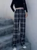 Capris Houzhou Vintage Plaid Pants Women Baggy Basic Wide Leg Pounser