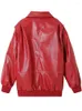 Women's Leather Women Fashion PU Red Front Zipper Bomber Jackets Vintage Lapel Neck Long Sleeves Female Chic Lady Outfits