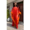 Etnisk kläder Autumn Fashion Satin Tassel Robe Dress African Women Elegant Loose V-Neck Bat Sleeve Feather Long Lady Party Evening Gown