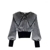 Damesblouses Vintage casual blouse voor dames Turn-down kraag Geruite patchwork Kanten shirts Herfst Leeftijdverminderende vrouwelijke Blusa Drop