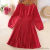 Robes de fille enfants robe décontractée pour les filles vêtements nouveau printemps automne mode enfants col en v à manches longues rouge princesse robe plissée 7-14 ans