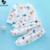 Kids Boys Girls Pajamas Summer Cotton Linen Cartoon Thin Therequarter Tops with Pants Baby Sleeping Clothing مجموعات 231220