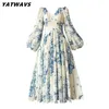 Casual Dresses High-End Women Vintage Blue And White Porcelain Flower Print Party Midi Elegant Beading Lantern Sleeve Prom Dress Robe