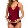 Women's Swimwear Summer Sexy Lady V-neck Suspends Pregnant Woman Solid Color Flouncy One-piece Swimsuit