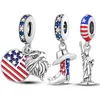 Silver Eagle and America Flag Dangle 925 Estátua de prata esterlina de Liberty Charm Bads Fit Pando Bracelet Colar Jewelry Diy