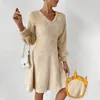 Casual Dresses Women V-Neck Dress Temperatur-låsande Mysig Plush V Neck Women's Fall Winter A-Line Loose Hem Warm Pullover Midi