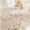 Bedding Sets Bedding Sets Ruffle Trim White Flower Embroidery Cotton Set Duvet Er Linen Fitted Sheet Pillowcases Home Textile Drop Del Dhtib