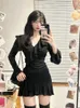 2023 Autumn French Elegant Black Y2K Mini sukienka Mini Caual Long Short Party Office Lady Slim Pure Kolor Chic 231221