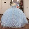 Sky Blue Błyszczące sukienki Quinceanera suknia balowa z tiulu na ramię koronkowe tull meksykańskie słodkie 16 sukien