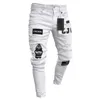 Homens Stretchy Rasgado Skinny Biker Bordado Cartoon Imprimir Jeans Destruído Buraco Slim Fit Denim Alta Qualidade Hip Hop Jeans Preto 231220