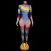 Sexy Colorful Rhinestones Mesh Jumpsuit Dancer Club Dance Costume Nightclub Bar Stage Performance Outfit Multicolor Crystal Rompers Leotard Elastic Tights