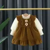 여자의 드레스 달콤한 가을 여자 아이 공주 꽃 탱크 드레스+긴 소매 탑 티셔츠 2pcs 아기 유아 옷 세트 의상