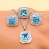 Brincos de colar Set Sterling Silver Pedras azuis azuis de zircônia cúbica para brincos de mulheres/pingente/colar/anel/pulseira