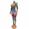 Sexy Colorful Rhinestones Mesh Jumpsuit Dancer Club Dance Costume Nightclub Bar Stage Performance Outfit Multicolor Crystal Rompers Leotard Elastic Tights