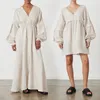Robes de créateurs australiennes pour femmes jupe en lin en vrac à manches landes françaises creux en V Vle à manches longues à manches longues