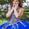 Luxury Blue V-halsbollklänning quinceanera klänning för flickor Applique Lace Pärlad paljett Lace Up Birthday Party-klänningar Prom klänningar