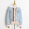 Kvinnors trenchrockar Tesco Blue Denim Lamb Wool Coat 2023 för kvinnor Autumn Winter Patchwork Single Breasted Short Jacket Female Streetwear