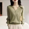 Women's Sweaters Spring And Autumn V-neck Single Breasted Solid Cut Out Screw Thread Long Sleeved Cardigan Sweater Knit Coat Casual Tops