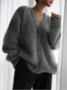 Angora Wool V Neck Cardigan for Women Fashion Sticked Single Breasted Short Sweater Fall Winter Solid Long Sleeve Jumper 231220