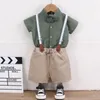 Clothing Sets Summer Baby Boy Clothes 2024 Solid Color Short Sleeve Shirts And Overalls Two Piece Birthday Outfit Set Kids Bebes Jogging