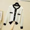 Sueter Mujer Elegant Women Sweater and Cardigans Button Up Pearl Beading Black White Formal Knit Jersey Mujer 231220