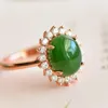 Cluster Rings klass A Green Jade Ring 925 Sterling Silver Nephrite Hetian Jades Zircon Rose Gold Justerbara kvinnor Fina smycken gåva