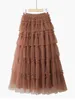 Kleider Tigena Maxi Tulle Rock Frauen Koreanische Mode -Prinzessin -Pilz Solid Pink Mesh gestrieben eine Linie hoher Taille plissierter langer Rock Frauen