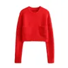 TRAF женский укороченный вязаный свитер, красные пуловеры с круглым вырезом и длинными рукавами, осень-зима 2024, модные элегантные женские топы 231220