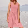 Robes décontractées Couleur unie Summer Spaghetti Strap Robe de réservoir en vrac Femmes Sans manches Coton Gilet Chemise Dames O Cou Boho Sundress