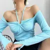 Kvinnors T-skjortor Fashion Sexig Slim Fit Slimming Short Crop Top Halter Lace-Up Pure Desire Cuff Split Long Sleeve T-shirt