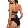 Women's Swimwear Women Sexy Swimsuit Two Piece Retro Ruched High Waist Solid Bikini Set