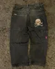 JNCO Streetwear Jeans retrò Uomo Y2K Hip Hop Grafica teschio Ricamo Jeans larghi Pantaloni neri Pantaloni gotici a vita alta larghi 231220