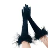 Women's Elegant Ostrich Feather Patchwork Long Velvet Glove Female Spring Summer Vintage Sunscreen Driving Pograph R551 231220