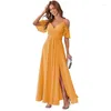 Casual jurken vrouwen elegante bruiloft bruidsmeisje jurk groen off schouder korte ruches mouw split cocktail prom sexy maxi feestjurken