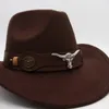 Western Cowboy Black Hat With Bull Decor Classic Wide Brim Jazz Imitation Wool Hatts for Women kände Cow Head Knight 231221