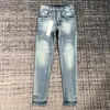 Marca de jeans masculina lavada azul azul riscado bordado slim casual skinny