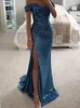 Casual Dresses Sequined Slash Neck Women Split Solid Slim Female Long Dress 2023 Sexy Hip Package Christmas Party Ladies Vestidos