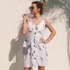 Sukienki swobodne Lato Summer V-Neck-Line Button Up Sukienka Kobieta bez pleców rękawów Seksowna kwiatowa pasek Bowknot Holiday Beachwear