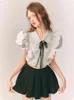 Work Dresses Sweet Kawaii Skirt Suit Striped Ruffles Bow Puff Sleeve France Shirt Mini Black Pleated Preppy Style Two-piece Outfits