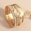 Charm Bracelets Amorcome Trendy Gold Color Round Metal Square Rhinestones Multilayer Wrap Bracelet Leather Jewelry For Women